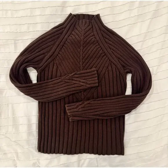 Ribbed Mock Neck Sweater Women's Small Brown Cotton Dark Academia Minimalist - Picture 7 of 16